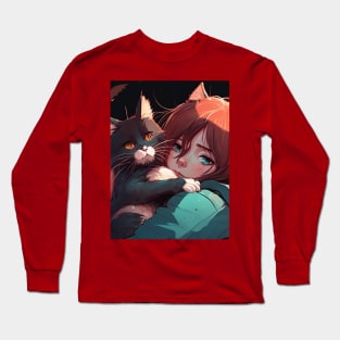 2d illustration of woman hugs her cat in anime style Long Sleeve T-Shirt